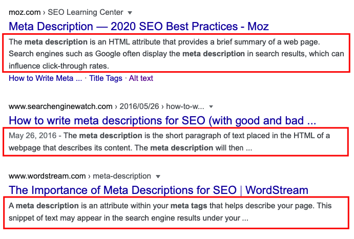 An exmple of meta descriptions in the SERPs