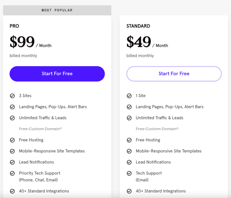 Pricing chart for leadpages - best sales funnel builder