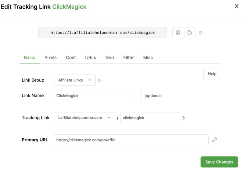 example of a tracking link in clickmagick